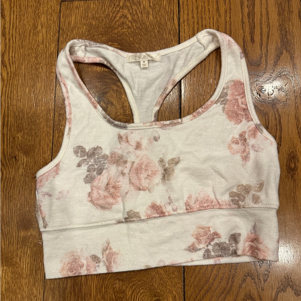 Z Supply White Floral Racerback Bralette with Pink Roses